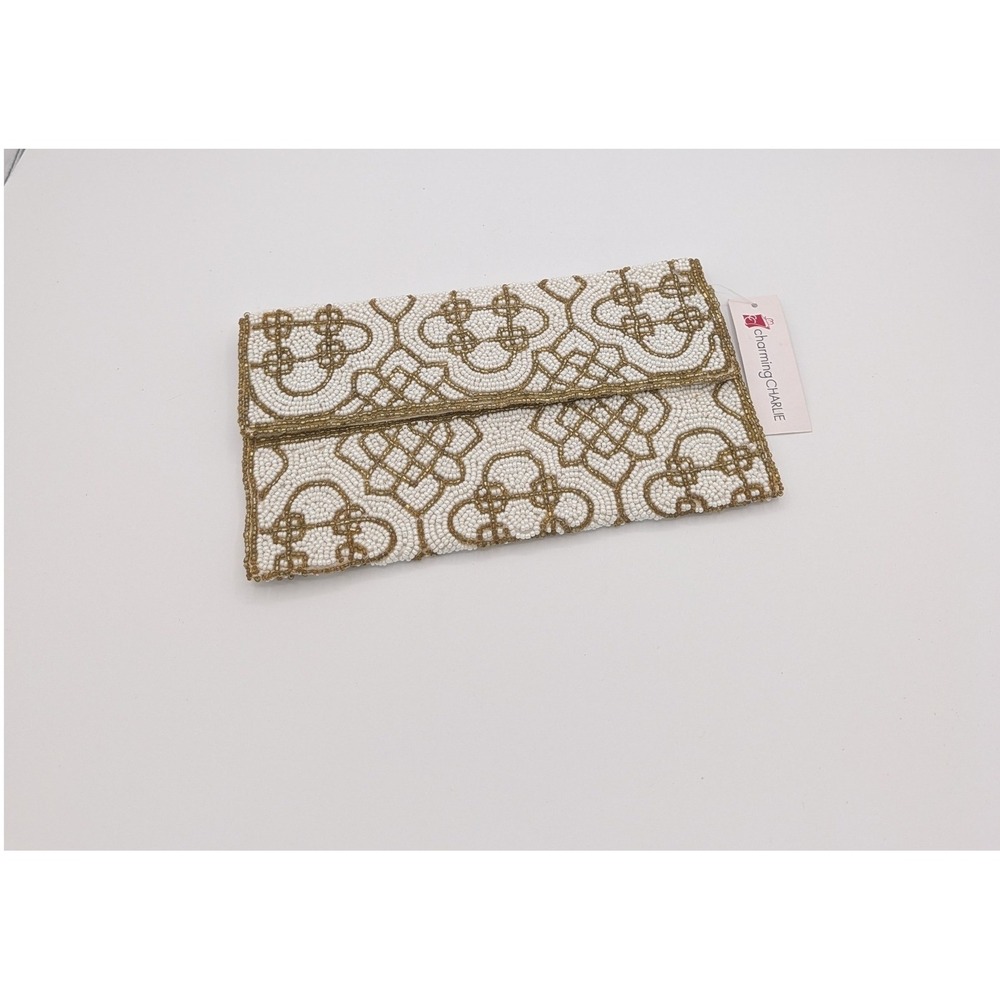 Charming Charlie Beaded Clutch White Gold Geometric Lattice Evening Bag NWT